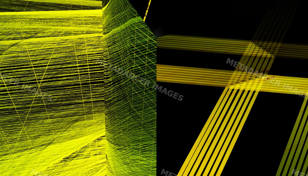 Bright yellow abstract lines form geometric patterns on dark