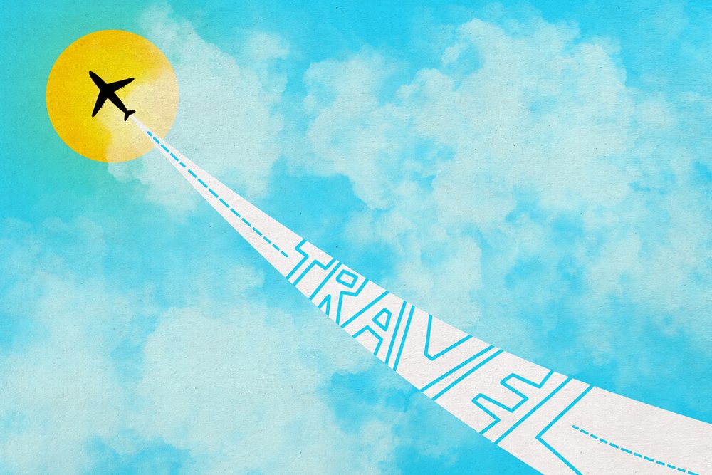 Airplane flying in a bright blue sky with clouds and sun, leaving a contrail forming an illustrated word related to travel, illustration.