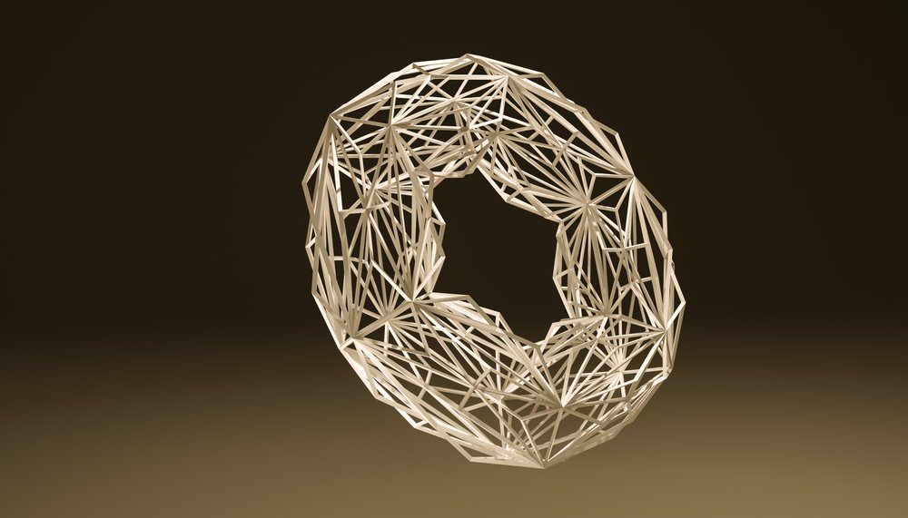 3D abstract geometric wireframe torus shape with triangular facets rendered over a brown gradient background.
