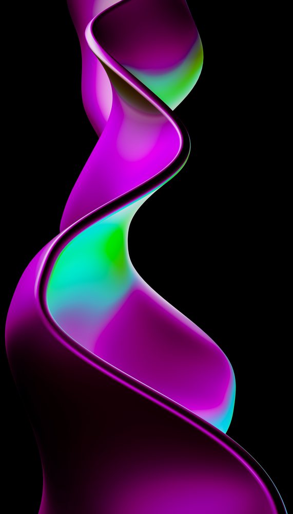Smooth flowing purple, green, and blue ribbon forms against a black background in a digital 3D illustration, abstract, render, wallpaper.