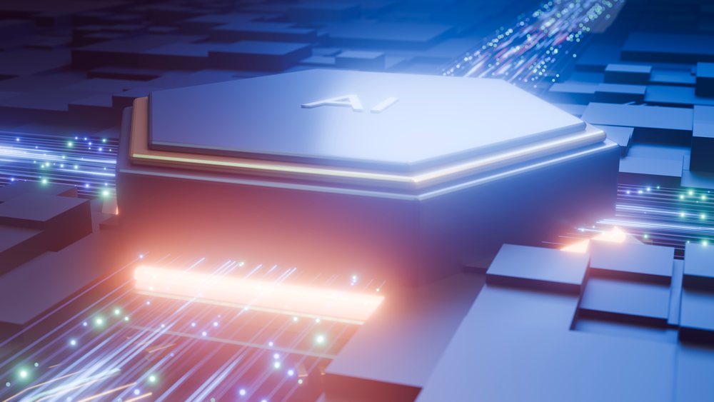 AI chip glowing with digital data transfer on a high-tech electronic circuit board in a futuristic setting.