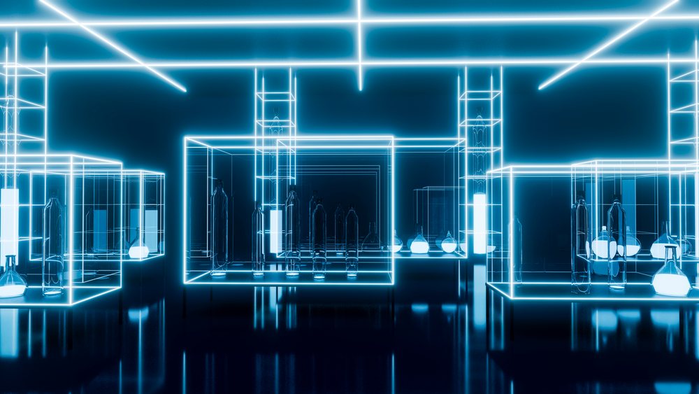 Glass bottles displayed inside illuminated neon-lit display cases with reflective floors in a futuristic modern interior.