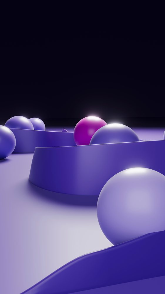 3D rendered glossy purple spheres with abstract smooth shapes on a reflective surface against a dark background.