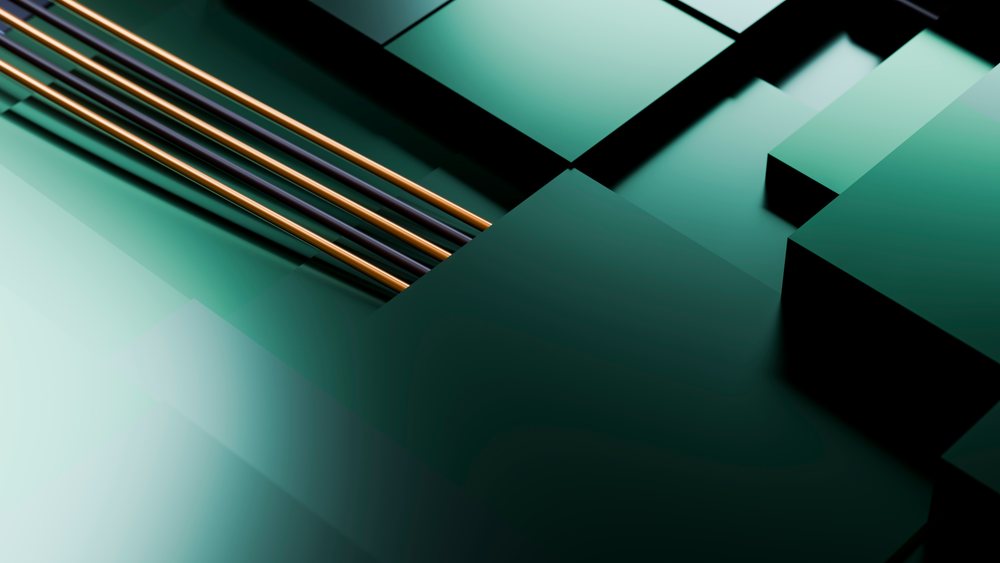 Digital abstract composition featuring layered green geometric blocks intersected by parallel orange tubes in a modern minimalist style.