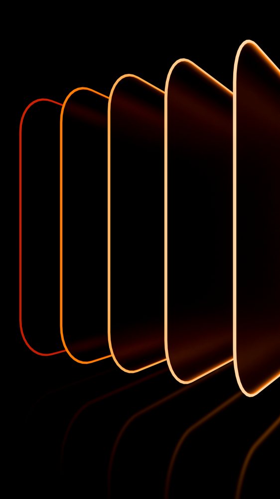 Glowing edges of stacked smartphones create a sleek futuristic tech design on a black background.