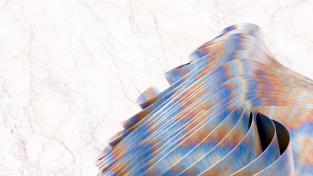 Abstract metal sculpture featuring curved layers with a brushed finish, displaying blue and orange hues on a white background.
