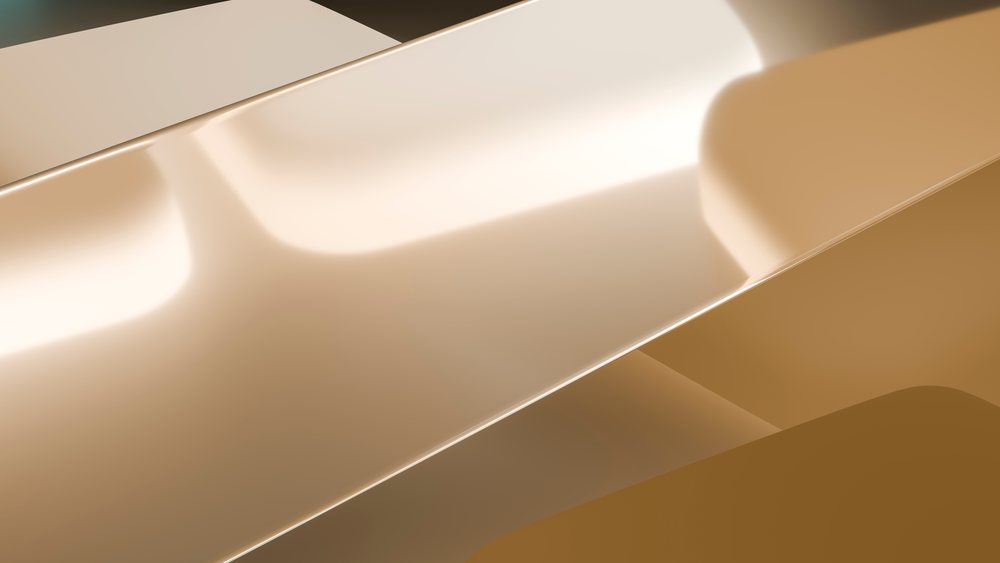 Abstract 3D digital illustration of smooth, shiny curved shapes in golden brown tones with reflective surfaces.