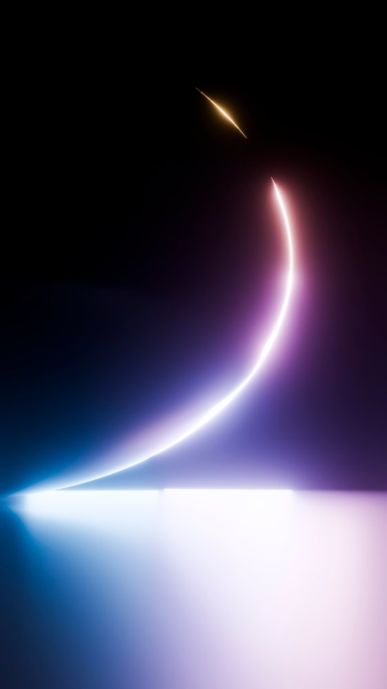 Curved glowing light trails in orange, purple, and blue hues reflect on a dark glossy surface.