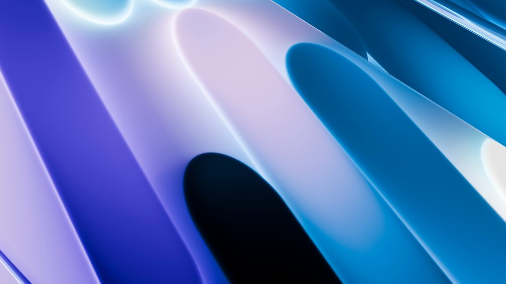 Abstract digital illustration showing smooth, glossy blue and purple flowing curves with glowing highlights.