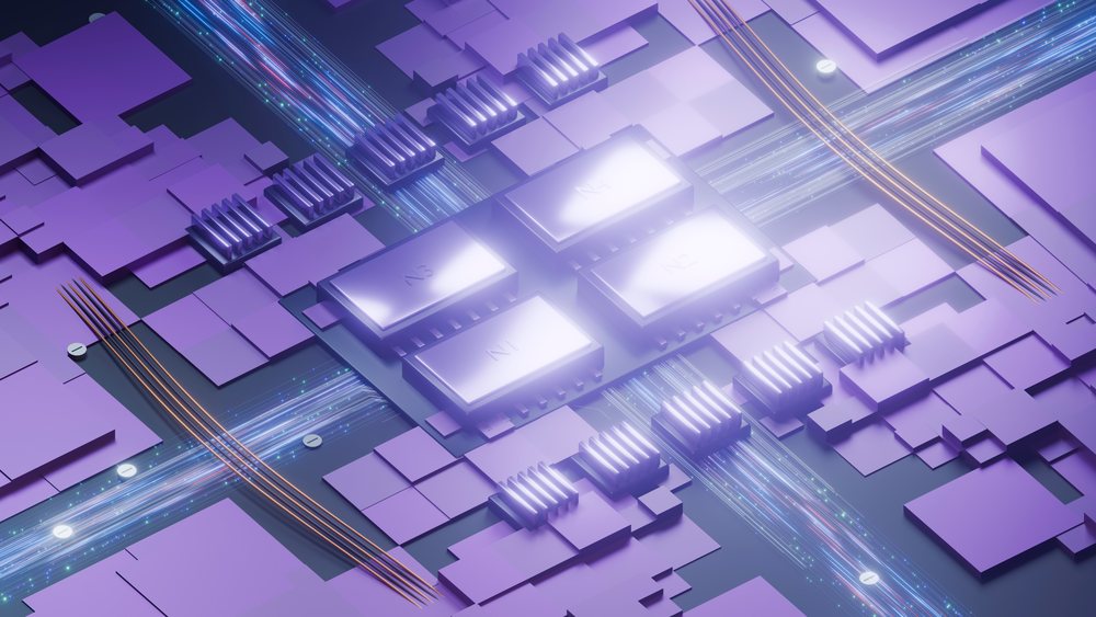 3D digital illustration of a purple circuit board.