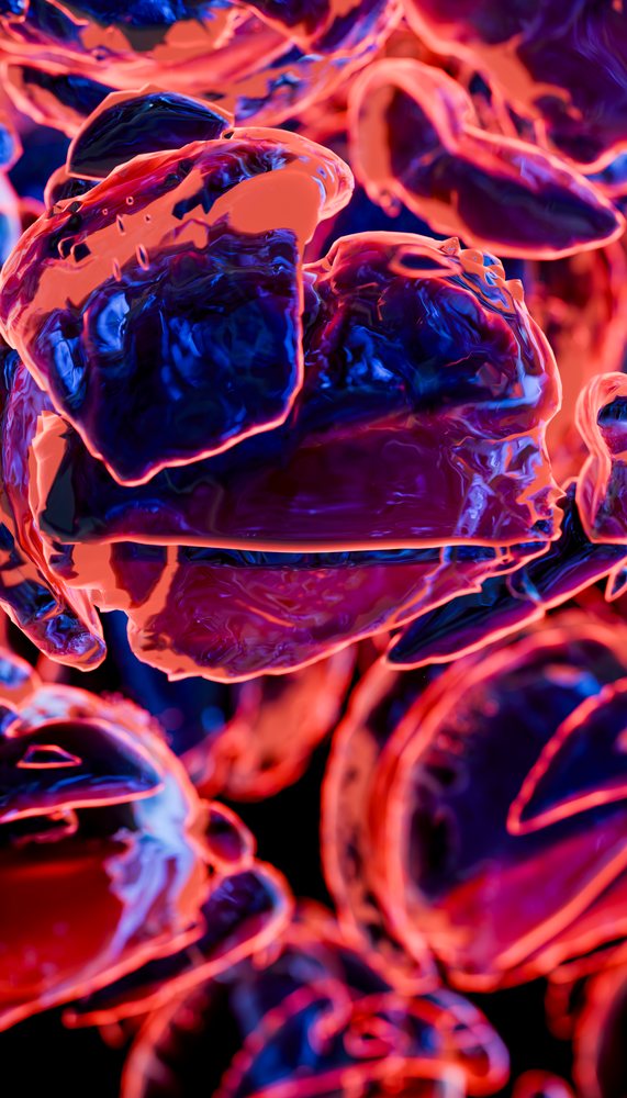 Close-up view of glowing transparent particles with blue and orange colors creating an abstract texture in digital art.