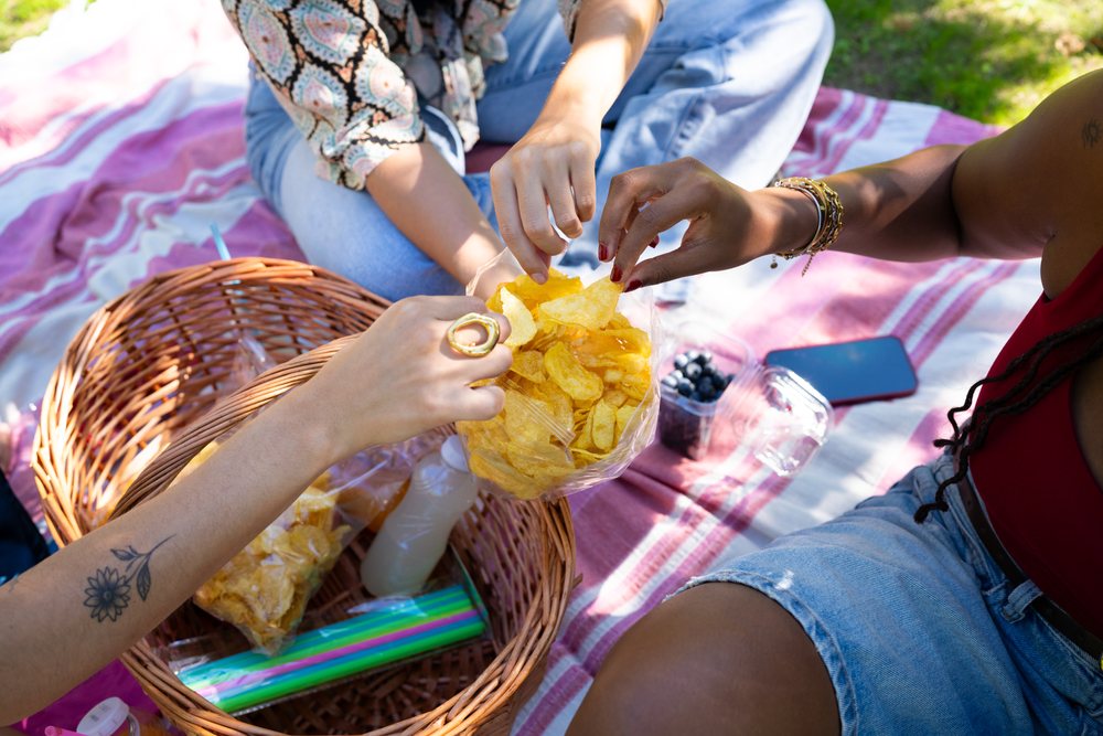 People sharing potato chips and blueberries on a picnic blanket outdoors on green grass near a basket and mobile phone, Spain.