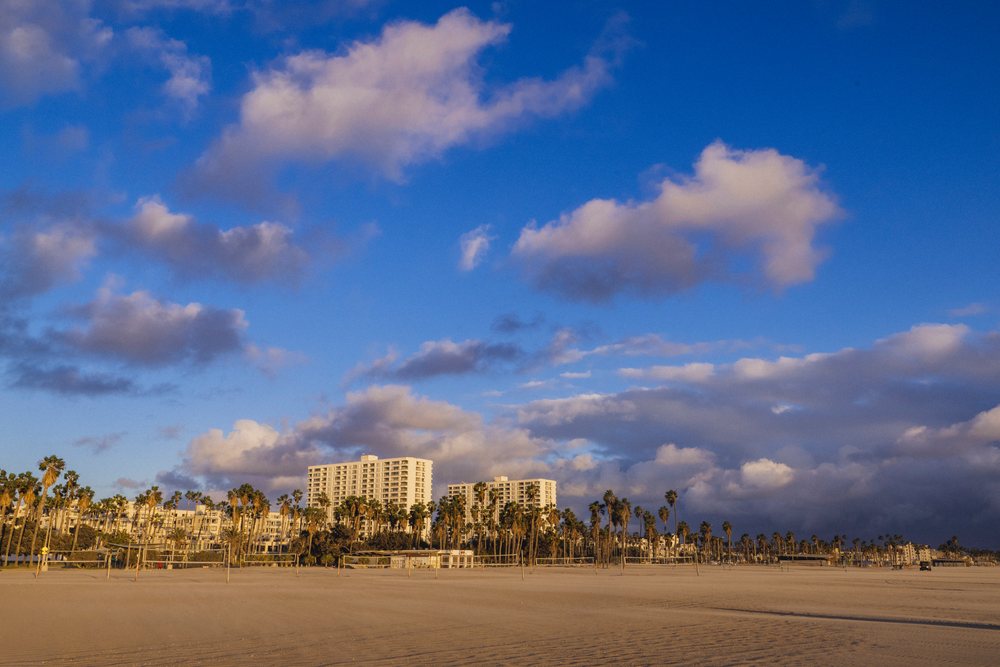 Venice Beach features a sandy shore lined with palm trees and buildings beneath a partly cloudy sky at golden hour, CA, USA.