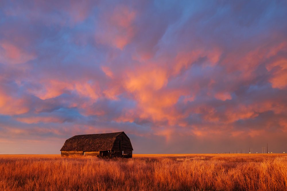 Old barn stands in a grass field at Sunset with dramatic orange and blue clouds over rural Oklahoma prairie, Storm Chasing, Weather, Environment, Eva, USA.