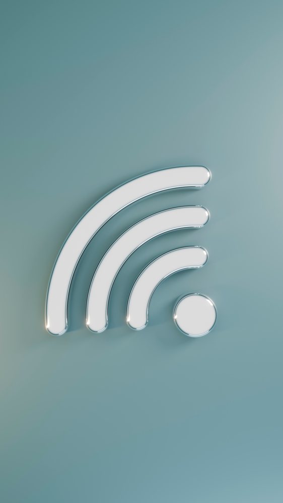 White wifi symbol representing wireless internet connectivity on a blue background surface.