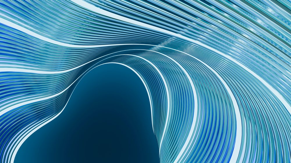 Abstract blue curved lines form a flowing wave pattern with smooth rhythmic ribbon shapes in an abstract digital illustration.