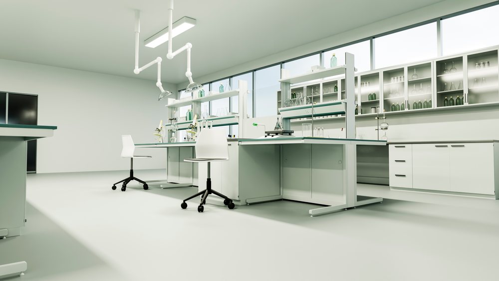 Bright, clean laboratory workspace featuring microscopes, glassware, laboratory benches, and chairs in a sterile environment.