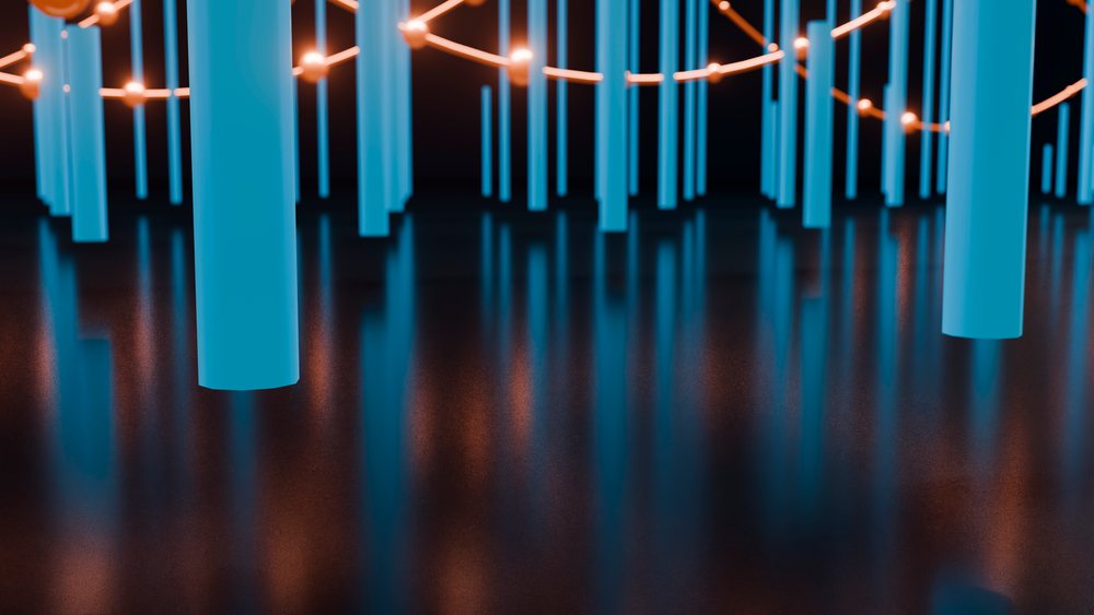 Blue vertical cylinders with orange glowing lights reflect on a dark shiny surface in a modern abstract digital art installation.