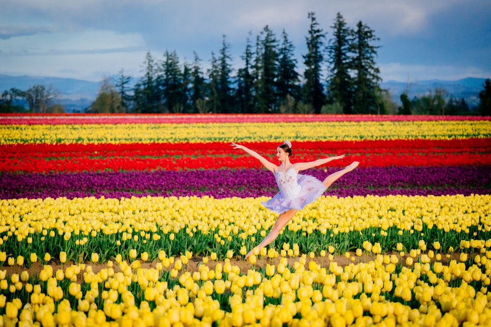 Ballet dancer in a tutu poses gracefully in a colorful tulip field under a cloudy sky in rural, USA.