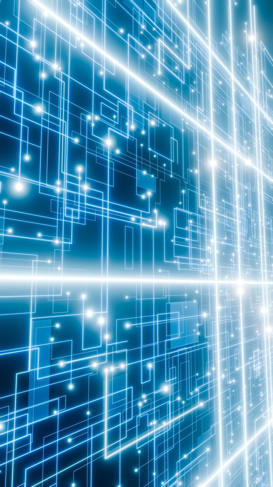 Glowing blue lines and points form a digital grid depicting a futuristic technology and data network concept.