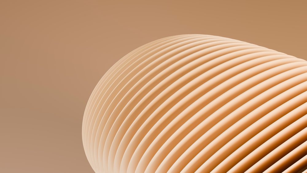 3D abstract beige sculpture with curved layered design on a soft background.