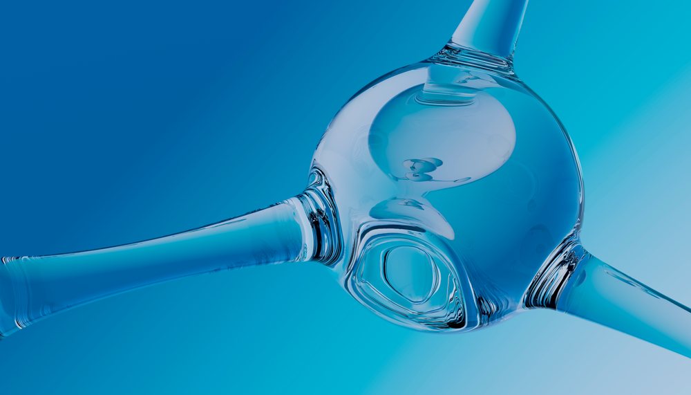 Model of a glass molecule structure displayed with transparent glass elements on a blue gradient background.