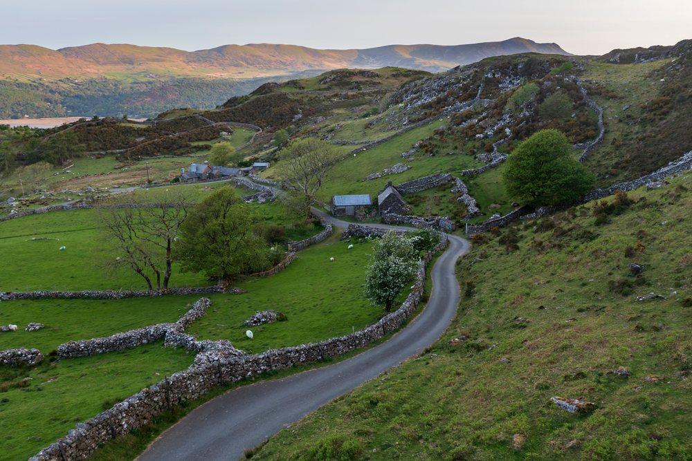 Stone Walls bordering a winding road through green grassy fields and hills with trees and houses, UK, Landscape, Dolgellau, Gwynedd, Wales.