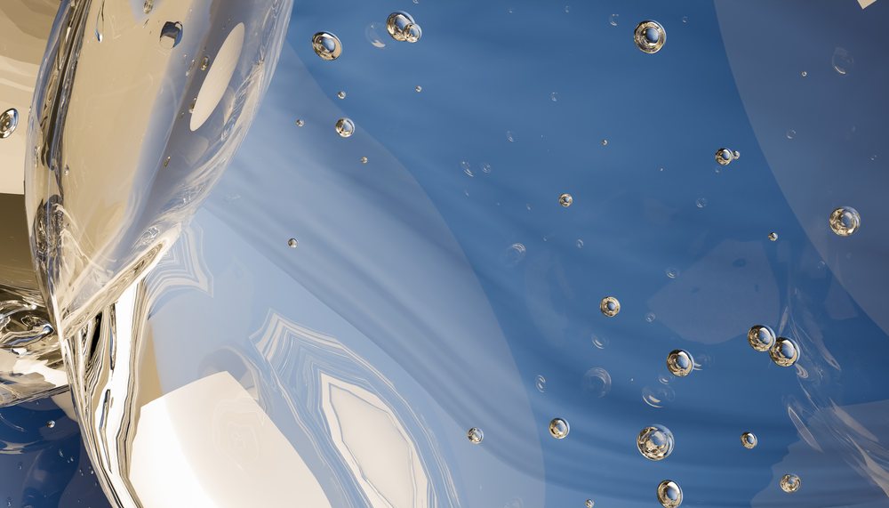 Abstract digital illustration depicting transparent bubbles and fluid blue and beige shapes with a glossy surface.