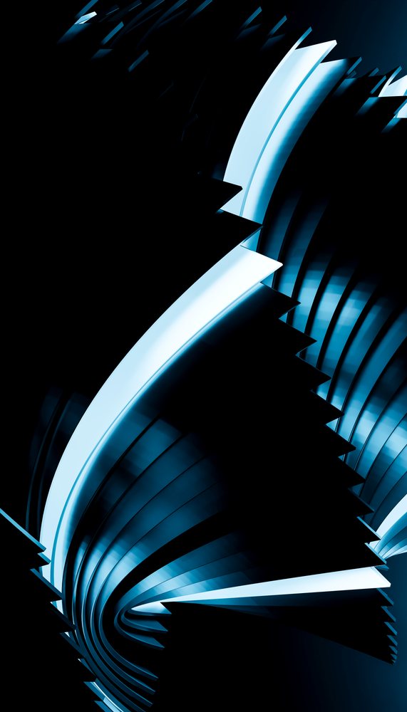 Abstract digital art with blue curved lines, geometric shapes, and spiral light trails on a dark background.
