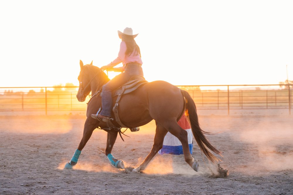 Cowgirl wearing western hat and denim jeans rides brown horse turning left in a dusty outdoor arena at sunset, Southwest USA.