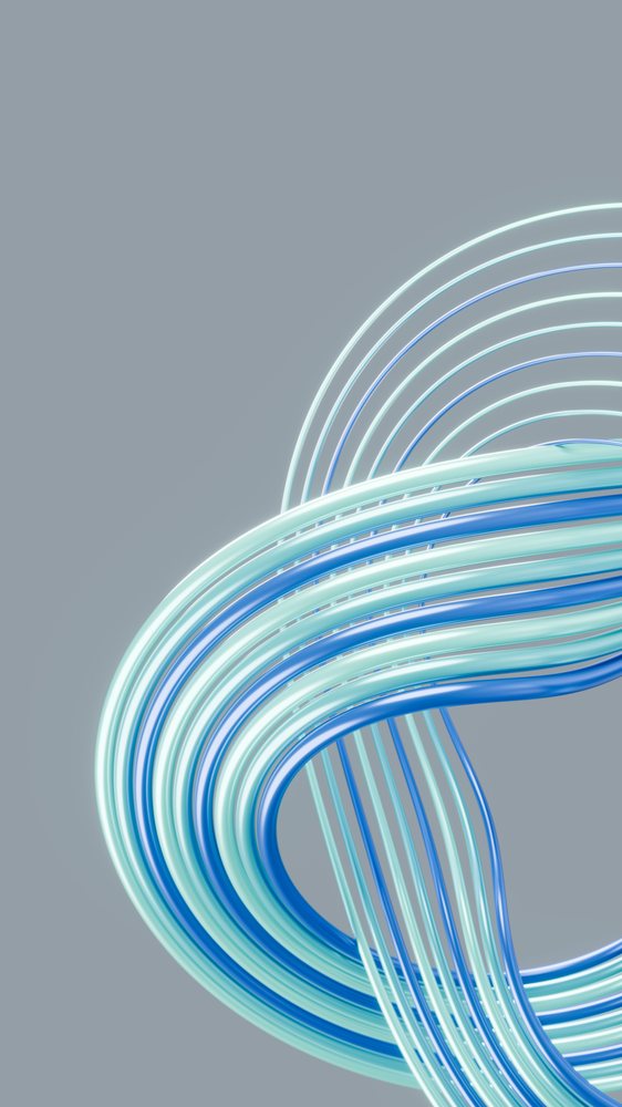 Abstract 3D illustration of intertwined smooth blue and light blue tubes curling into loops on a gray background.