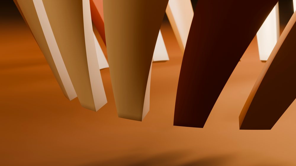 Abstract digital illustration showing curved brown 3D shapes suspended against a smooth orange background.