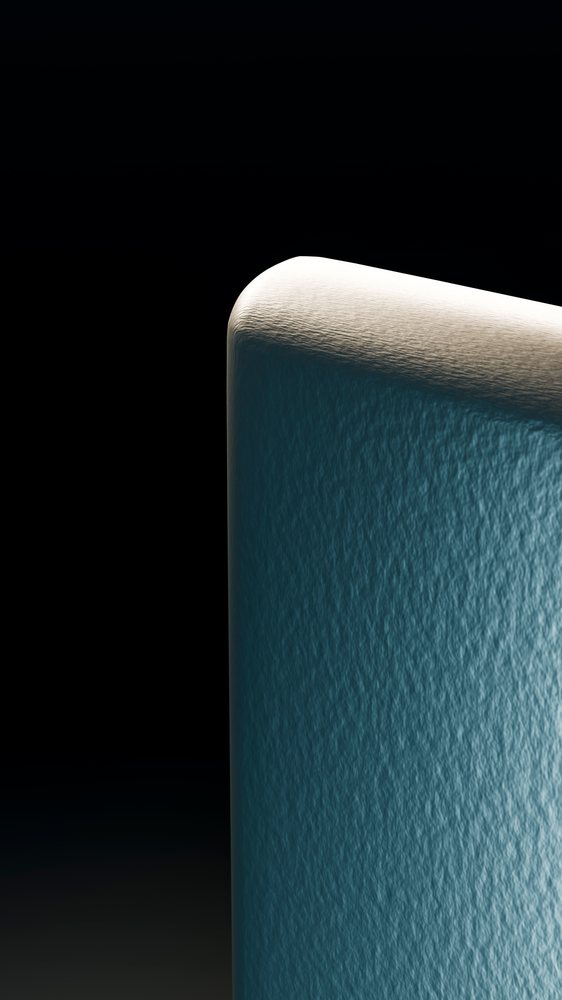 3D rendered abstract shape with a rounded corner and textured blue and white surfaces on a black background.
