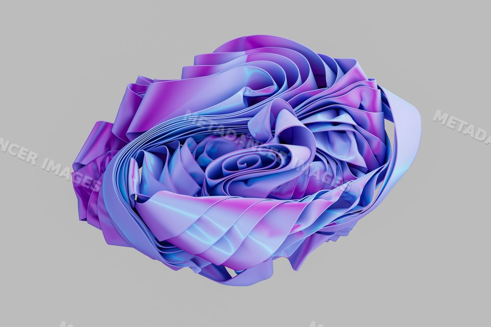 A 3d abstract render of twisted purple and blue ribbons on a gray