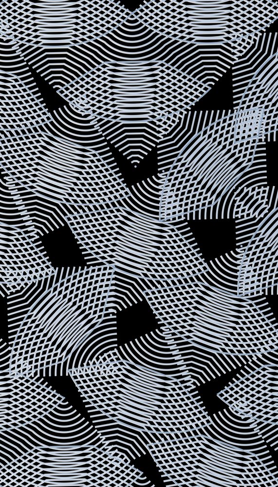Abstract black and white geometric pattern with overlapping striped shapes creating a dynamic visual texture.