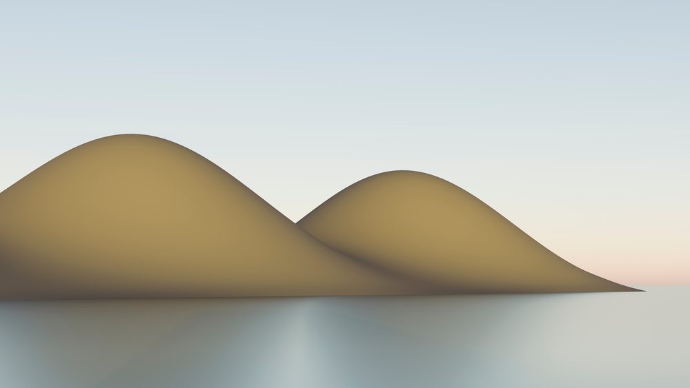 Two smooth sand dunes reflect clearly in still water under a soft sunset sky in a tranquil desert landscape.