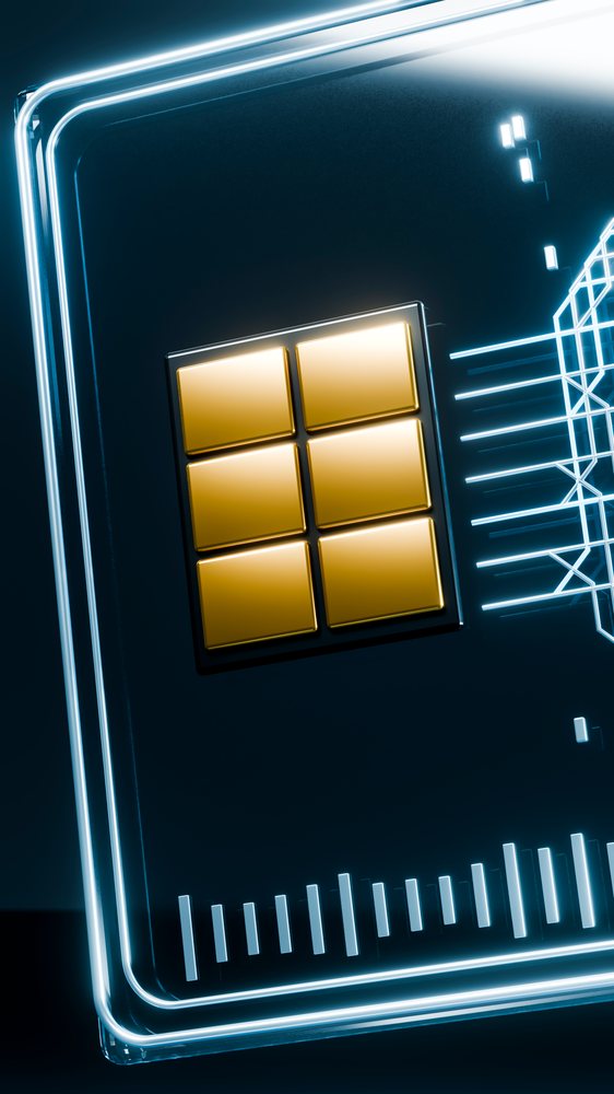 Closeup of a gold microchip with six square pads and glowing blue circuitry on a dark background in a futuristic technology concept illustration.
