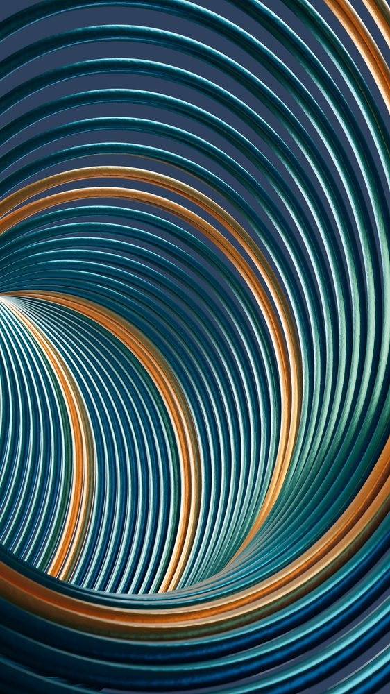 Close-up of concentric blue and orange metal coils with repeating curved patterns.