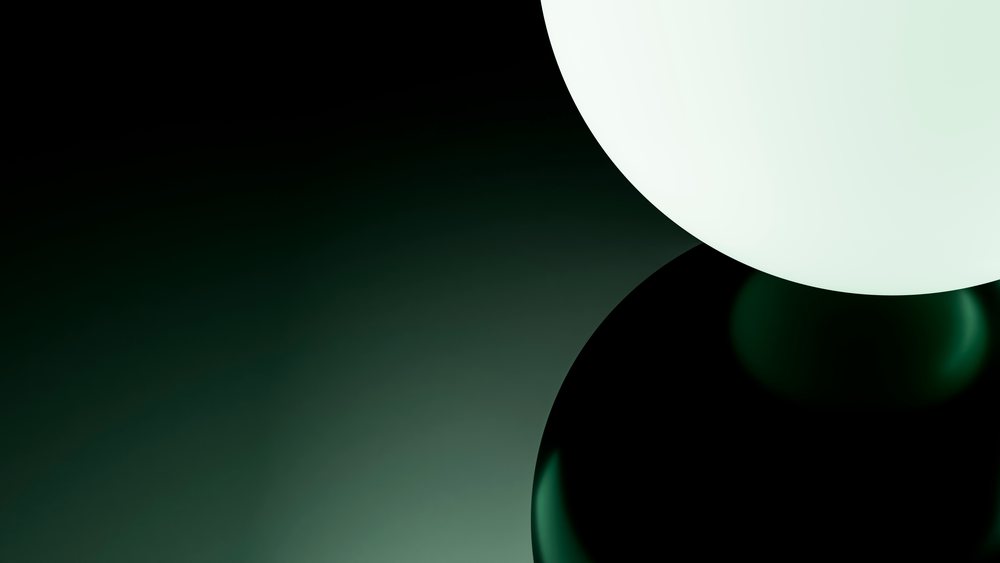 Two glossy black and white spheres showing reflections float on a dark gradient background in a minimalist digital art illustration.