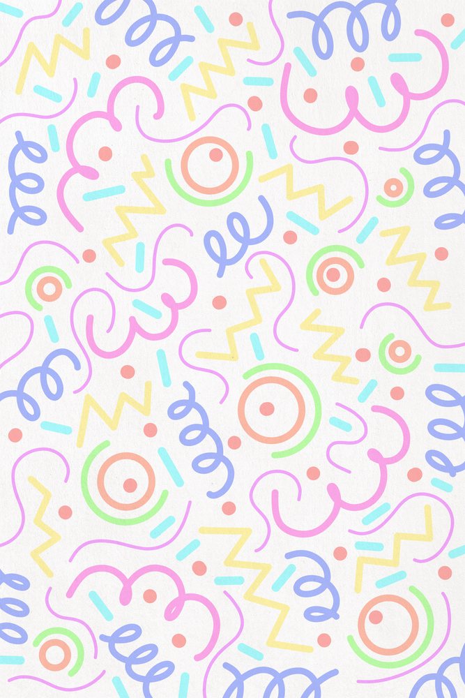 Illustration of a colorful abstract pattern with curved lines, zigzags, circles, and dots on a white background.