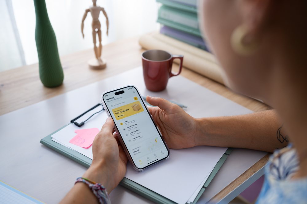 Person holding phone displaying package tracking app at home office desk with files, cup, and wooden figurine, telecommuting, Spain.