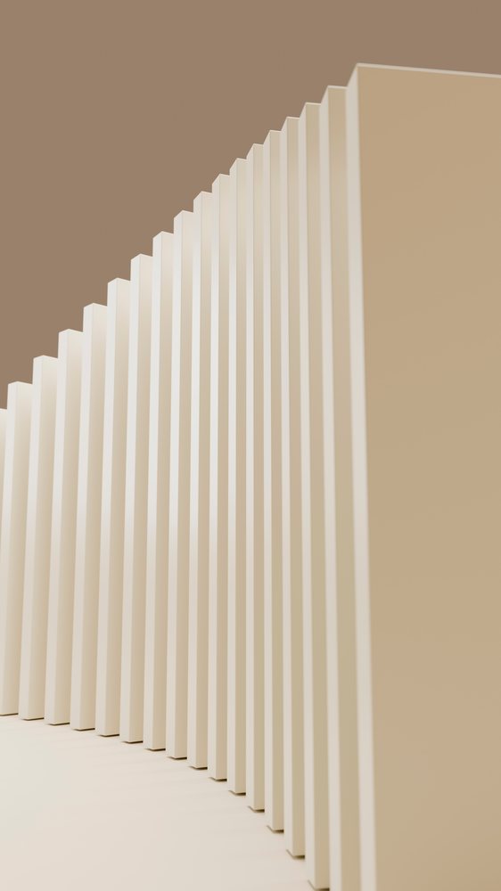 Abstract vertical beige panels form a repeating linear pattern in a minimalist 3D design with smooth monochrome surfaces.