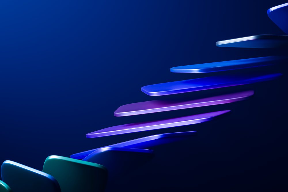 Glossy blue and purple curved shapes float against a dark, abstract background.