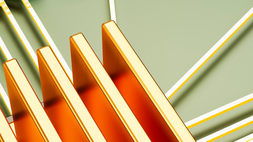 Close-up view of an abstract geometric striped pattern with orange and beige colors and visible shadows.