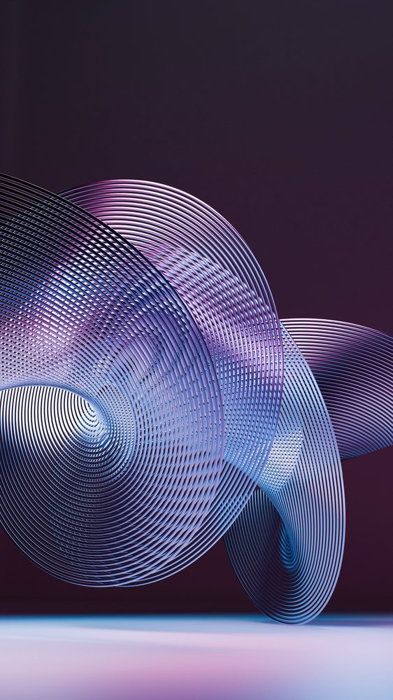 Metallic spiral rings form fluid concentric loops with a purple and blue gradient on a dark background.