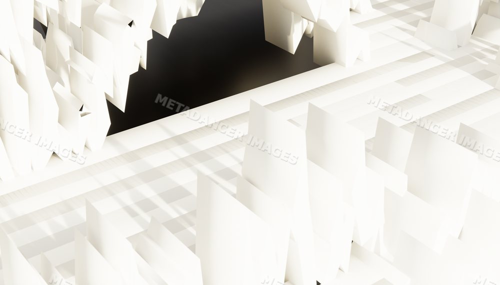 White paper architectural model showcasing abstract geometric urban