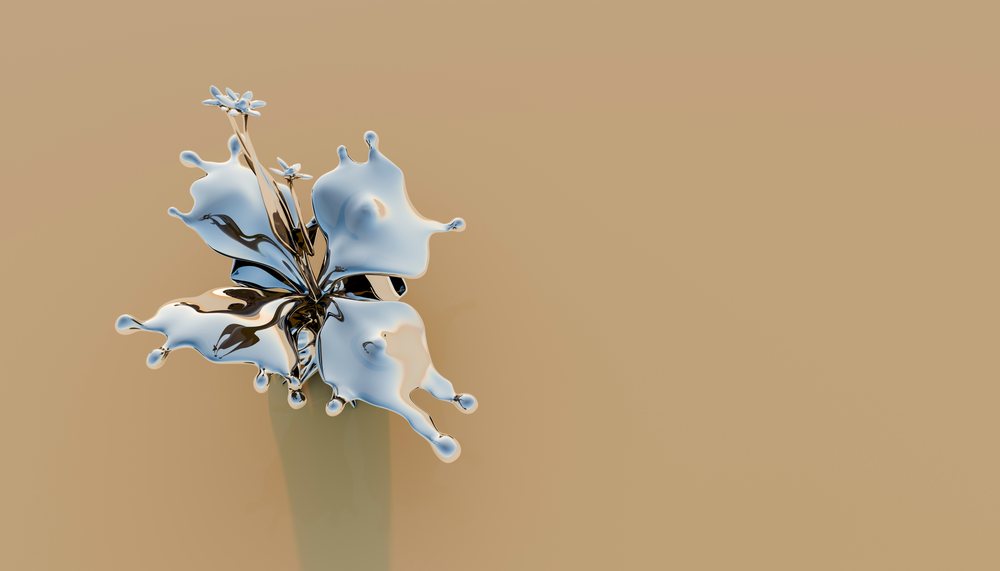 Silver liquid splash shaped like a flower on beige background