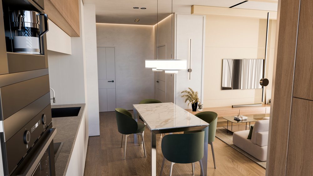 Modern kitchen and dining area feature a marble table with green chairs beside a living room holding a wall-mounted TV and glass coffee table.
