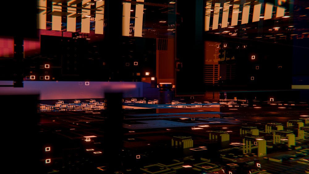 3D illustration showing a glowing computer circuit board with digital components and microchips.