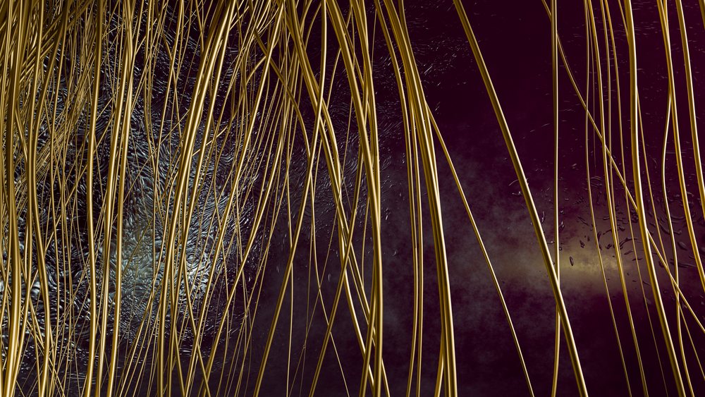 Golden strands of curved metallic tubes against a dark purple background in an abstract digital composition.